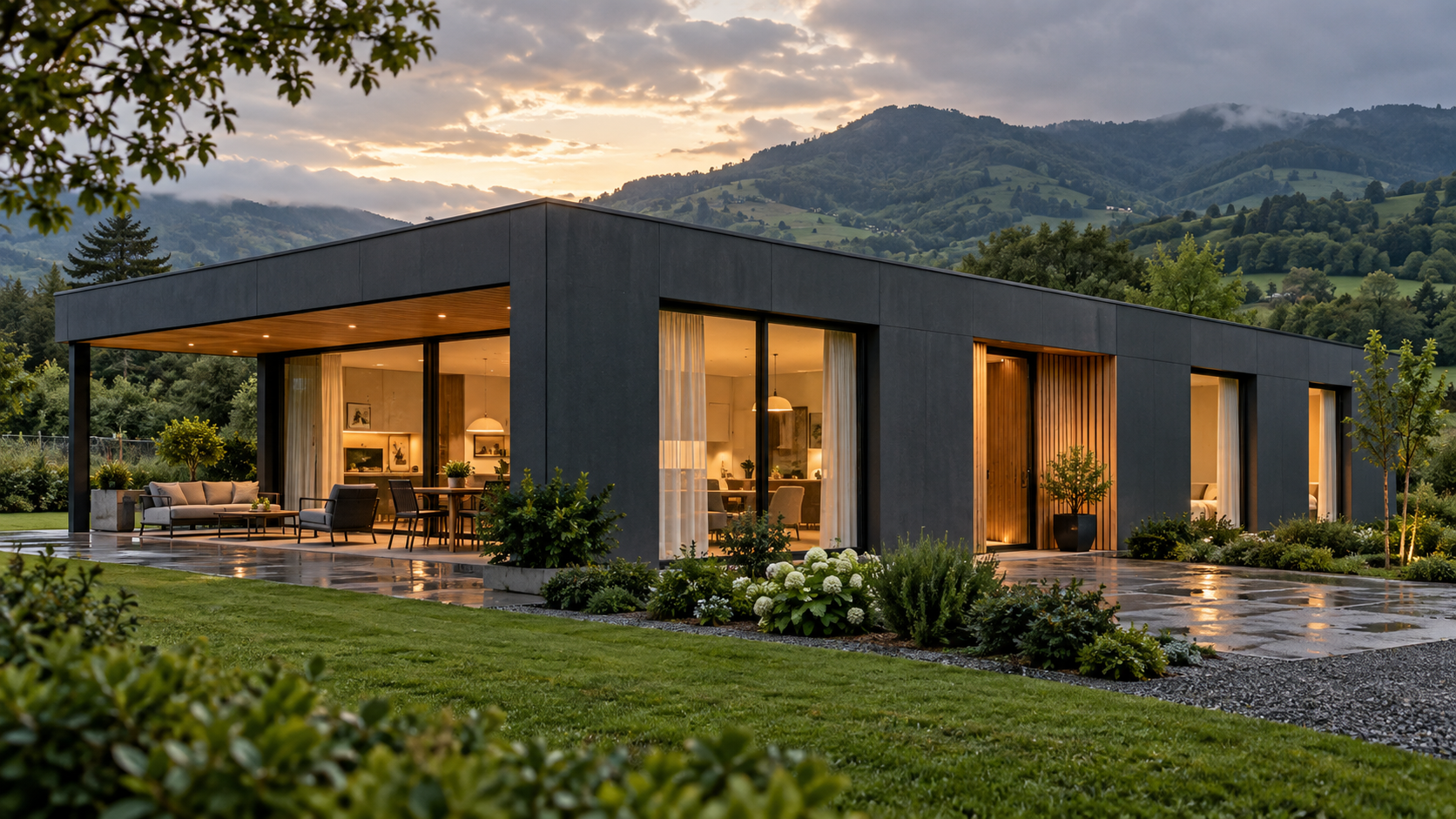Vivienda modular terminada con fachada de fibrocemento y madera